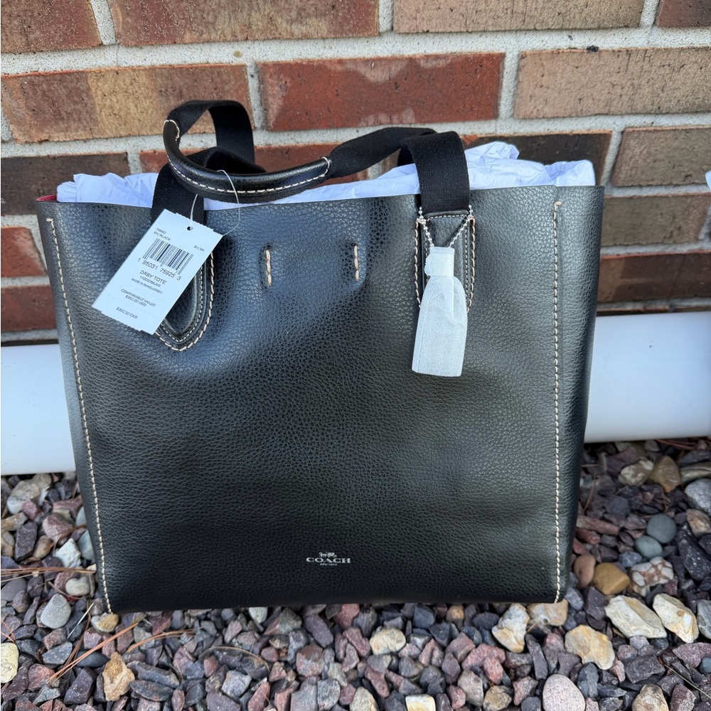 Coach Black Pebbled Leather Tote with Contrast Stitching